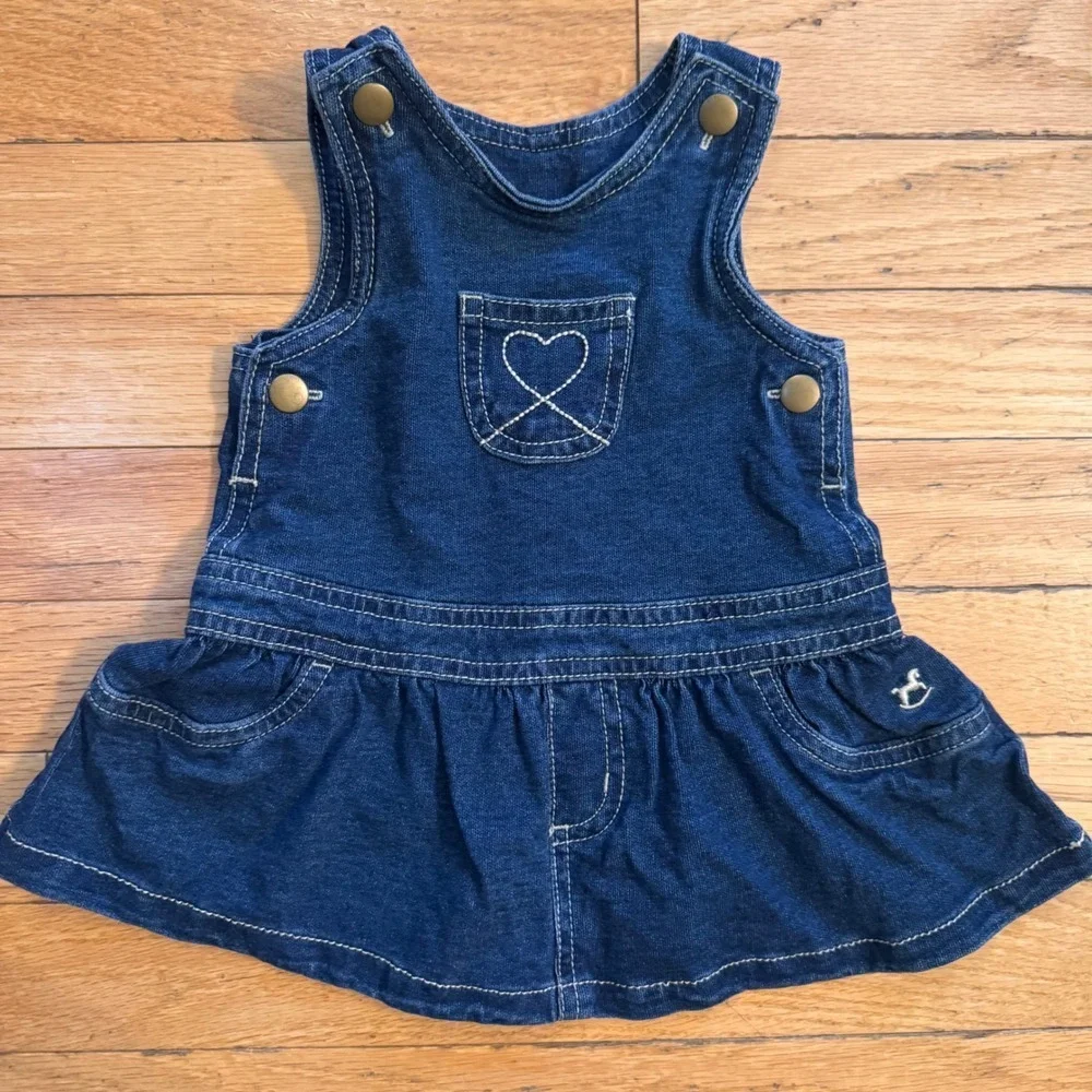 Faded Glory Baby Girls‎ Denim Jumper Dress Heart Rocking Horse Blue 3-6M